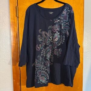 Catherines Navy Embroidered 3/4 Sleeve Top